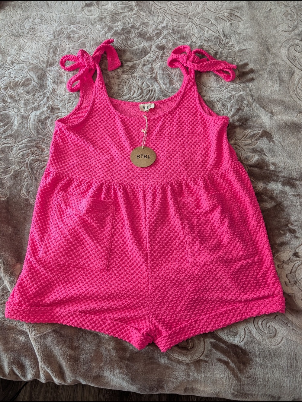 BIBI Pink Textured Tie-Shoulder One-Piece Romper